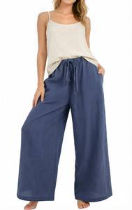 lot 5685 image: MCJC Womens Breathable Faux Linen Blend Wide Leg Palazzo Pants with Drawstring Elastic Waist, Casual Loose Trousers Blue medium - Retail $18