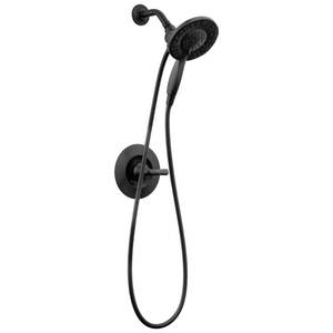 lot 5686 image: Delta Arvo 14 Series Matte Black Shower Faucet Set with In2ition 2-in-1 Dual Shower Head with HandHeld Spray Combo, Valve Trim Kit, Matte Black 142840-BL-I (Valve Included) - Retail $150