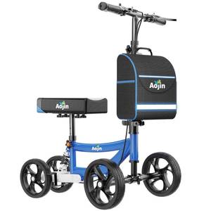 lot 5687 image: Aojin Knee Scooter for Adults for FootInjuries, 300lbs Capacity, All Terrain Foldable Knee Scooter Walker with Bag, 13 Wide Pu Seat, Compact Crutches Alternative (Blue) - Retail $103