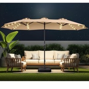 lot 4575 image: 15ft x 9ft Double-Sided Patio Umbrella with Solar LED Lights - Retail $120