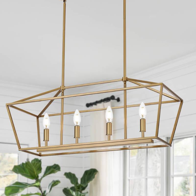 lot 1239 image: WINSHEN 4-Lights Golden Pendant Light Fixtures, Modern Lantern Linear Chandelier with Adjustable Height, Dining Room Ceiling Lighting Hanging for Over Table - Retail $180