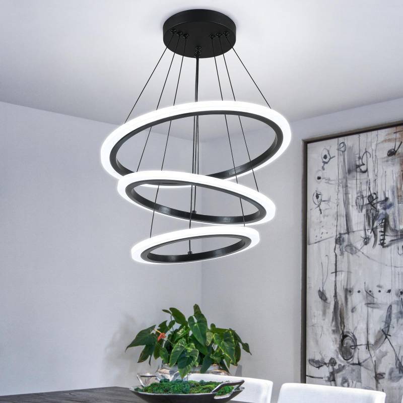 lot 1246 image: ONEELDY Modern 3 Ring LED 52W Black Pendant Light with Irregular Ring Lights Adjustable Hanging Lamp for Dining Room Bedroom Kitchen Island Cafe - Retail $95