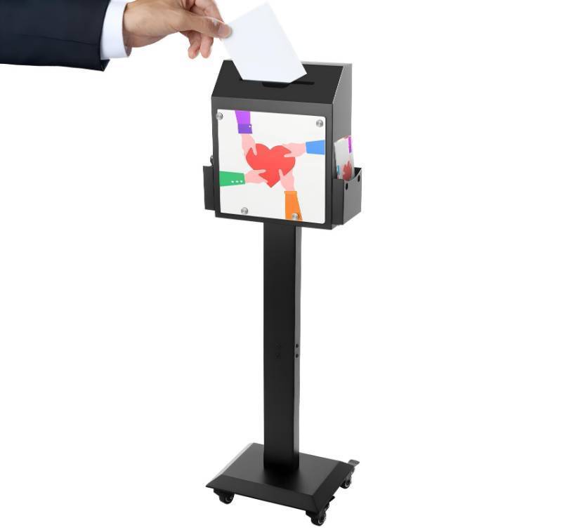 lot 1256 image: POPMOON Suggestion Box with Stand,Floor- Standing Offering Box with Sign Display,Upgraded Heavy Duty Metal Donation Box with Slot and Lock,Locking Casters for Voting Charity Donation Election,Church - Retail $119