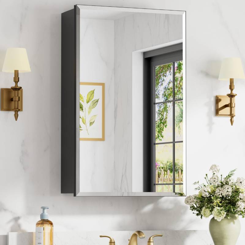 lot 1287 image: Keazile 16x24 Inch Medicine Cabinet with Mirror, Aluminum Bathroom Mirror Cabinet, Beveled Edge Mirrored Single Door, Adjustable Shelves, Surface or Recessed Mount Mirrors with Storage, Black - Retail $170