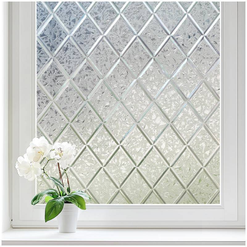 lot 1290 image: Haton Window Privacy Film Decorative Frosted Glass Window Film, Sun Blocking Stained Glass Clings, Static Cling Removable Stickers for Home Door Coverings, Lattice Pattern 29.5 x 78.7 - Retail $30