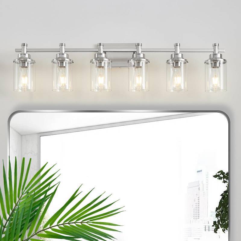 lot 1234 image: Aixialin 6-Light Bathroom Vanity Light, Brushed Nickel Fixtures Over Mirror, Wall Mount with Clear Glass Shade, Modern Wall Sconce - Retail $100