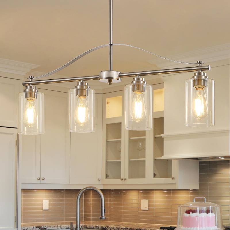 lot 1235 image: Island Light for Kitchen, 4 Light Linear Chandelier Pendant Lighting for Kitchen Island, Brushed Nickel Dining Room Light Fixture Over Table with Clear Glass Shades Retail $120.99 - Retail $121