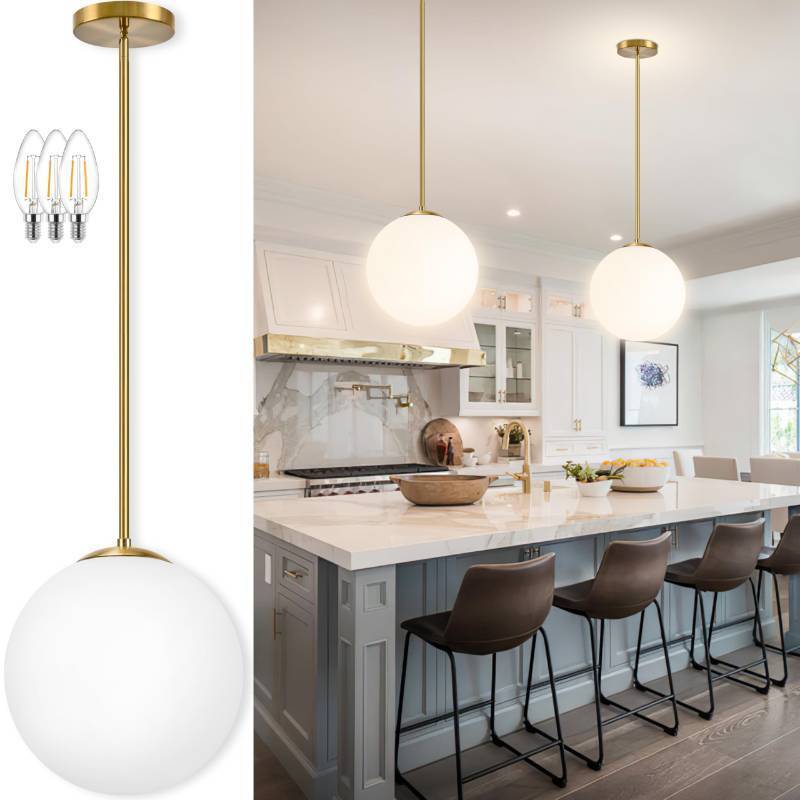 lot 1305 image: Bagood 14 Globe Pendant Light 3-Light Gold Mid Century Modern Light Fixture Milk Glass Pendant Light Globe Pendant Lights Kitchen Island Brushed Brass Finished with Milk Glass Lampshade for Bedroom - Retail $150