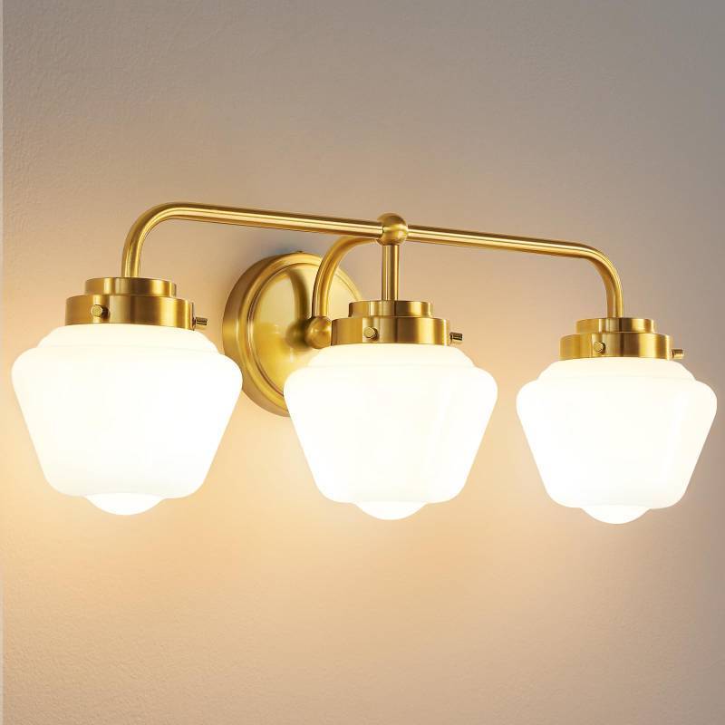 lot 1317 image: RUIYEY Bathroom Vanity Light Fixtures 3-Lights Gold Vanity Lights Over Mirror, 17 Inch E26 60W Modern Bathroom Lighting Fixture with Milky White Glass for Bath Restroom - Retail $90