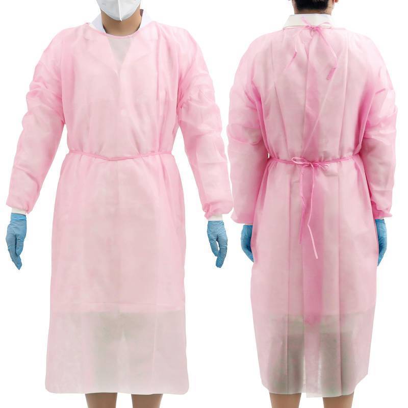 lot 1319 image: JMU 100 Pcs Disposable Isolation Gowns Pink, Polypropylene Medical Gowns Long with Knitted Cuffs - Retail $90