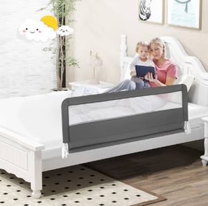 lot 4582 image: BABY JOY Bed Rails for Toddlers, 59 inches Extra Long, Upgraded Swing Down Bed Guard wSafety Straps, Folding Baby Bedrail for Kids Twin, Double, Full Size Queen &amp King Mattress (Gray, 59-Inch) - Retail $30
