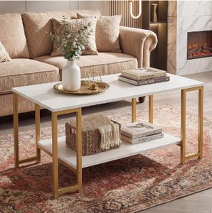 lot 4584 image: Giantex 2-Tier Coffee Table with Storage, 39.5 Rectangular Center Table with Heavy-Duty Metal Frame, Modern Accent Cocktail Table, Living Room Tables for Small Spaces (Gold & White) - Retail $80