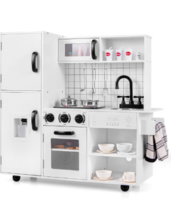lot 4585 image: INFANS Kid Kitchen Playset, Toddler Wooden Pretend Cooking Set with Realistic Light & Sound, Stove, Sink, Microwave, Storage Cabinet, Play Kitchen Toy Set for Children Boys Girls - Retail $120