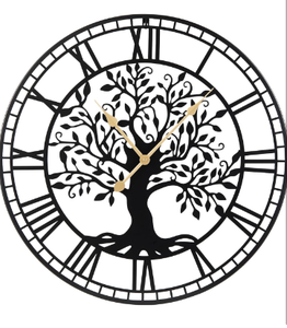 lot 4587 image: Goplus Large Wall Clock, 27 Tree of Life Big Metal Wall Clock, Non-Ticking Decorative Clock, Battery-Operated Wall Decoration for Living Room Bedroom Kitchen, Black (Tree of Life) - Retail $50