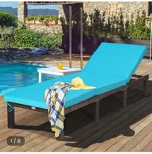 lot 4589 image: Costway Patio Wicker Chaise Lounger with Adjustable Backrest and Cushion - Retail $180