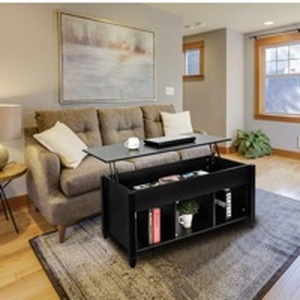 lot 4591 image: Coffee Tables,Lift Top Coffee Table with Hidden Storage Compartment & Shelf, Lift Tabletop Dining Table for Living Room (Black) - Retail $80