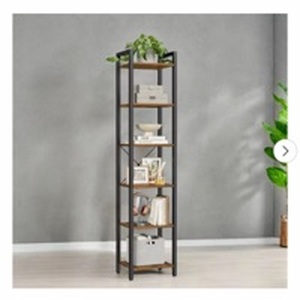 lot 4598 image: 6-Tier Industrial Narrow Bookshelf with Metal Frame with 3 bins  - Retail $60