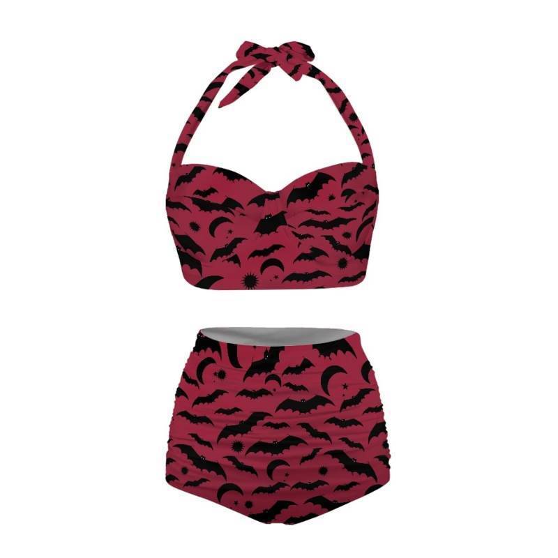 lot 35796 image: Goth Swimsuit - Womens High Waisted Bikini Top & Neck-Tied Swimsuits, Elastic Plus Size 2 Piece Bathing Suit Sets - Retail $42