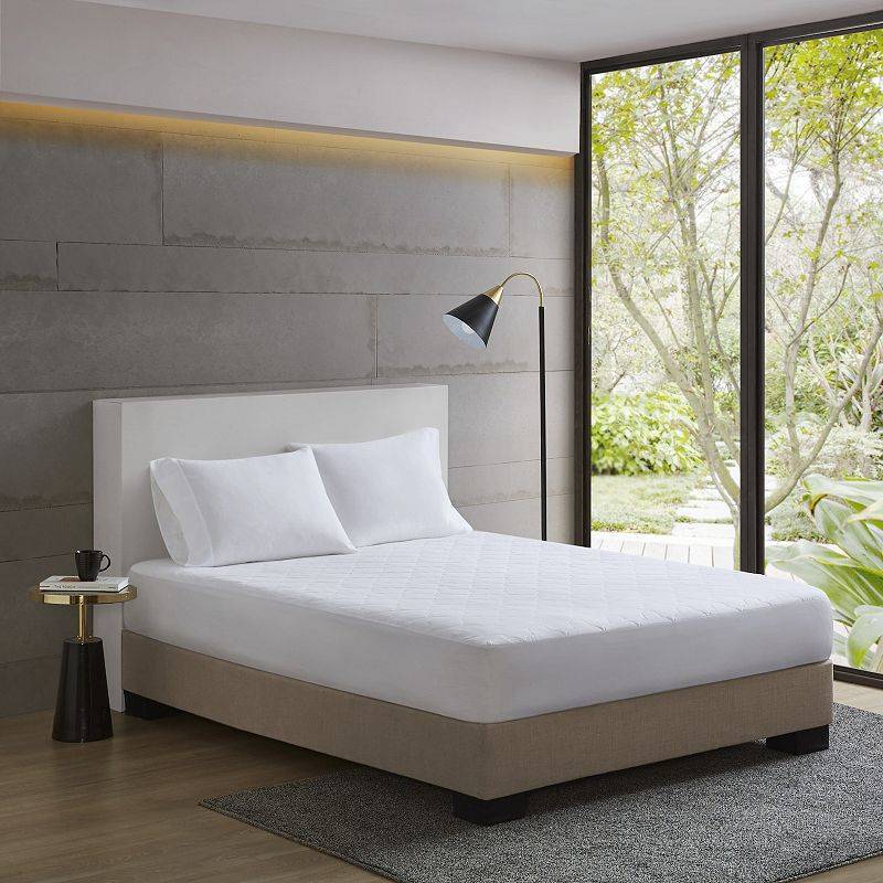 lot 56737 image: Sleep Philosophy All Natural Cotton Percale Quilted Mattress Pad with Spandex Snug-on Slip Fit Skirt - Retail $75
