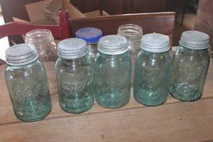 lot 1267 image: Vtg. BlueGreen Canning Jars wZinc Lids & More