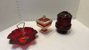 lot 1043 image: Fenton candy dish, candle holder and cranberry glass 2 pc dish