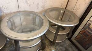lot 1088 image: 2 round side table with 2 beveled glass shelves 26x26 dia matches lot 1087