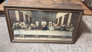 lot 1307 image: The Last Supper framed print in wood like frame 17x30.5