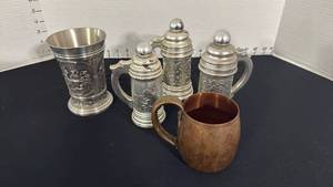 lot 1312 image: German pewter beaker features embossed panels, Avon cologne steins, copper mug