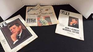 lot 1347 image: Life Magazine John F Kennedy memorial edition and Wichita Eagle Princess Diana Goodbye England with Rose newspaper