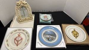 lot 1366 image: Anniversary picture frame, Precious Moments small plate and 3 Avon collector plates