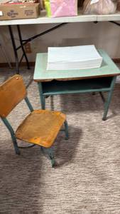 lot 1394 image: Childs desk, chair and scrap paper 18x27.5x17.5
