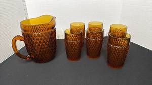 lot 1400 image: Indiana Glass Tiara Diamond Point pitcher and 6 glasses