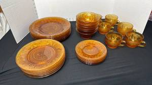 lot 1402 image: Indiana Glass Tiara Amber Sandwich glass 6 place setting with plates, bowls and cups 30pc total no chips please bring packing material and boxes