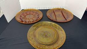 lot 1410 image: Indiana Glass Tiara Amber Sandwich glass egg tray, divided tray and platter