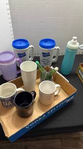 lot 1445 image: Plastic cups, oil and vinegar containers with coffee mugs