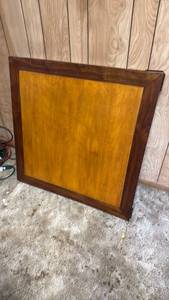 lot 2004 image: Wood game table 32x32x32 one hinge needs repaired, located in basement
