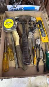 lot 3032 image: Hammer, axe, pliers, screwdrivers and tape measure