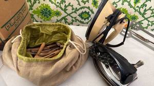 lot 3064 image: Vintage iron, GR iron and clothes pins