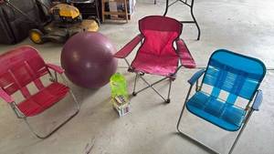 lot 3097 image: Childrens lawn chairs, bubble solution, chalk and ball