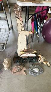 lot 3100 image: Concrete frog, yard art and wood angel needs repaired