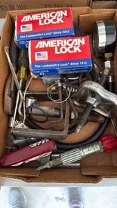 lot 3213 image: 2 locks with keys, pressure gauge, pliers and screwdriver