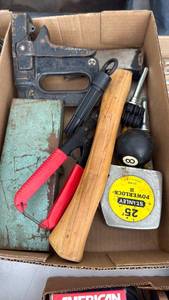 lot 3214 image: Staple gun, axe, tape measure and more