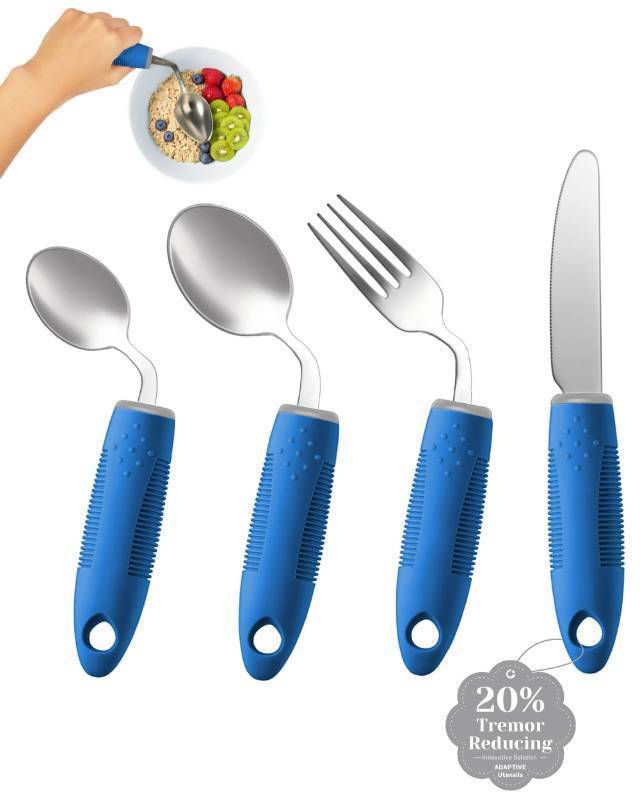 lot 23142 image: BaseSmall 4-Piece Adaptive Utensils Set - 42°Angled Parkinsons Utensils, Weighted Utensils for Tremors and Parkinsons Patients, Blue (Right-Handed) - Retail $26