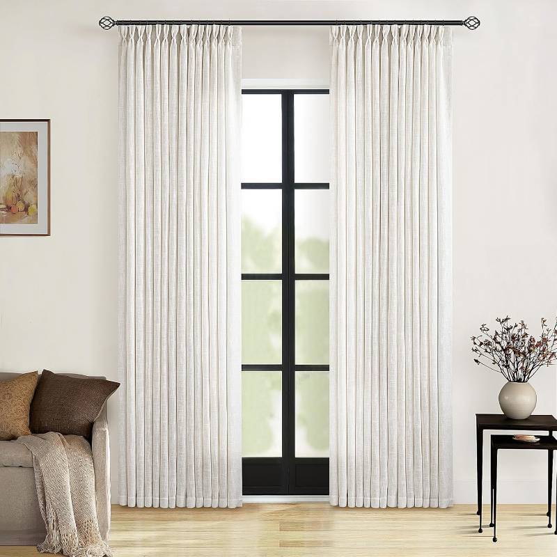 lot 24488 image: 90 Inch Pinch Pleated Linen Curtains 2 Panel Set for Living Room Cream Natural Thick Linen Textured Drapes 90 Inches Long Pinch Pleat Drapes Birch Ivory Semi Sheer Curtain for Dining Bedroom Office - Retail $58