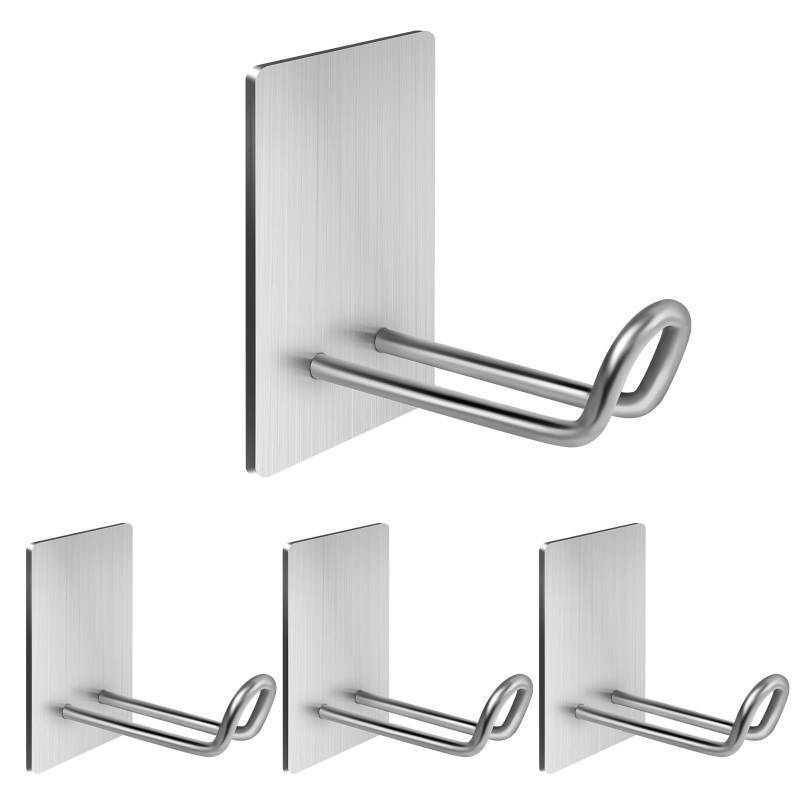 lot 24955 image: Quavzotu Self Adhesive Hooks Heavy Duty, Large Stainless Steel Towel Hooks, No Drill Sticky Hooks, Long Stick on Shower Wall Hooks for Hanging Hat Coat Key Headphone (Sliver(4Pcs)) - Retail $13
