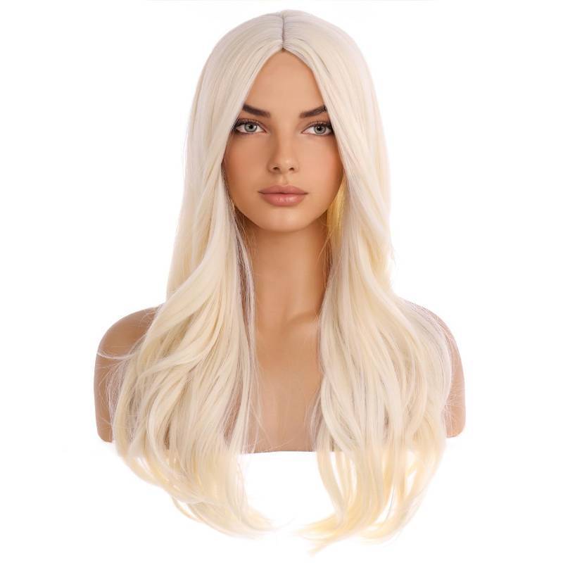 lot 26315 image: BERON Blonde Wigs for Women Girls Long Curly Wavy Wig Light Blonde Middle Part Hair Wig Heat Resistant Synthetic Fiber for Cosplay or Daily Use - Retail $24