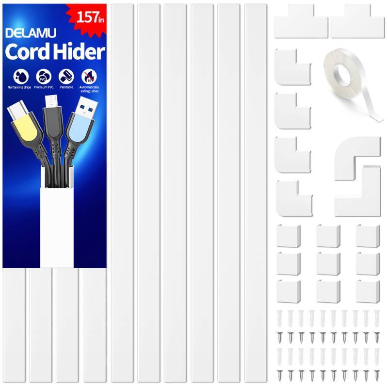 lot 32614 image: Delamu Cord Hider, 157in Wire Covers for Cords on Wall, Premium Cable Hider Cord Covers for Wires, Cable Management Wire Hiders for TV, Cable Raceway Kit, W0.95 H0.55in, White - Retail $15