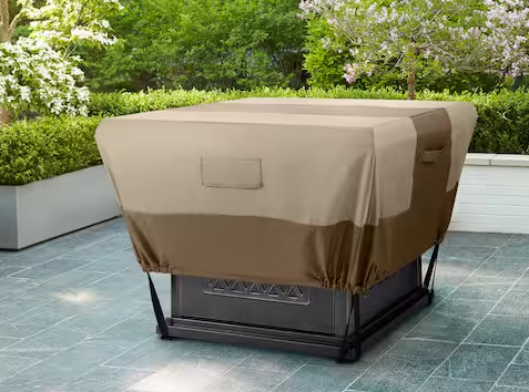 lot 18838 image: Hampton Bay Universal Square Fire Pit Cover Beige and Brown Fabric 35.2x35.2x18in