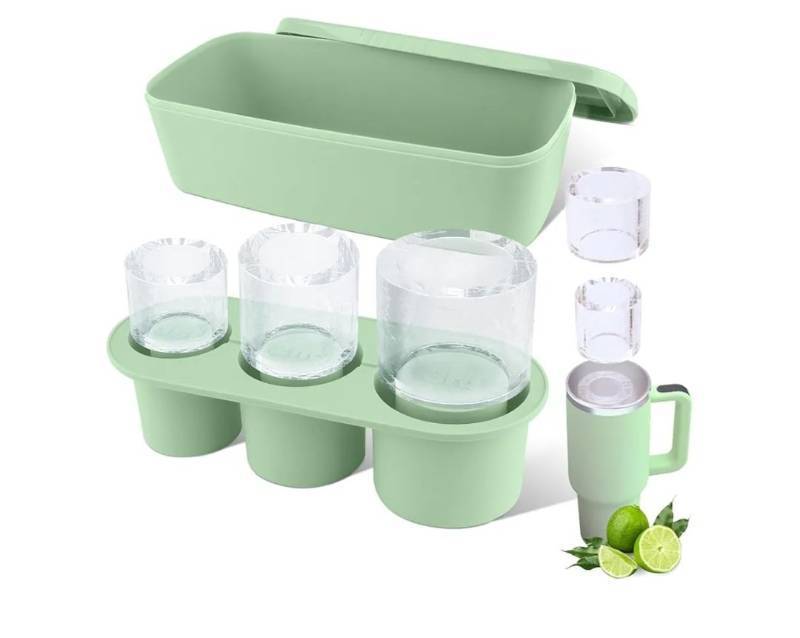 lot 37316 image: Ice Mold for Stanley Cup 30-40 oz Tumbler Cup Ice Mold, Silicone Ice Cube Tray With Lid and Bin for Chilling Cocktails, Whiskey, Drinks, Coffee, Easy Fill and Release Ice Maker (Green) - Retail $15