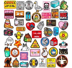 lot 17025 image: Themed Iron on Patches Applique with Words Embroidered Sew on Cloth Colorful Multiple Styles Patches for Clothes Hats Backpacks Jackets Accessories Souvenirs Gifts, Funny Cartoon. - Retail $20